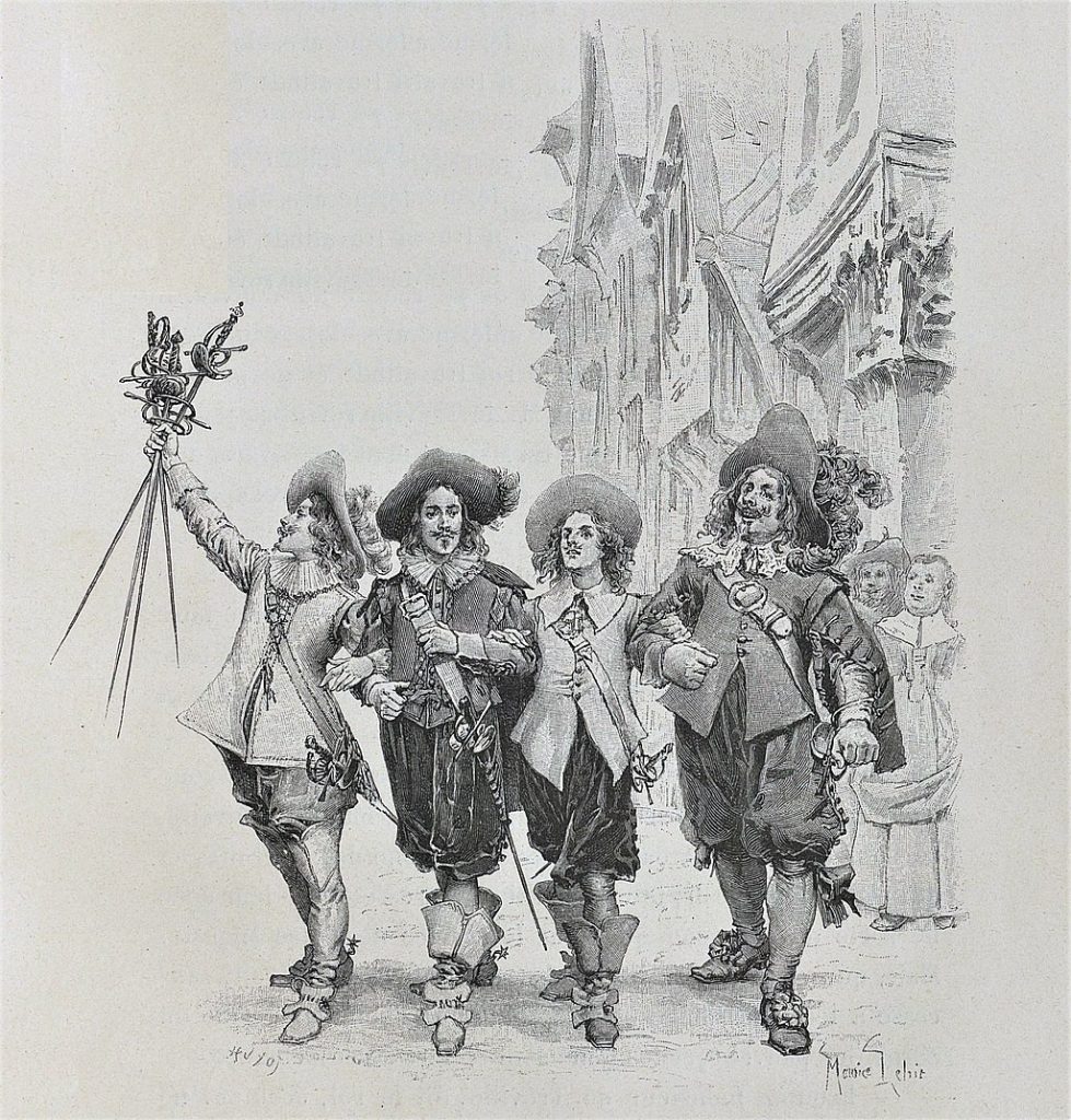 Aramis, Athos, d'Artagnan und Porthos. Kupferstich von Jules Huyot nach einer Zeichnung von Maurice Leloir für eine Neuauflage des Romans „Die drei Musketiere“ von Alexandre Dumas